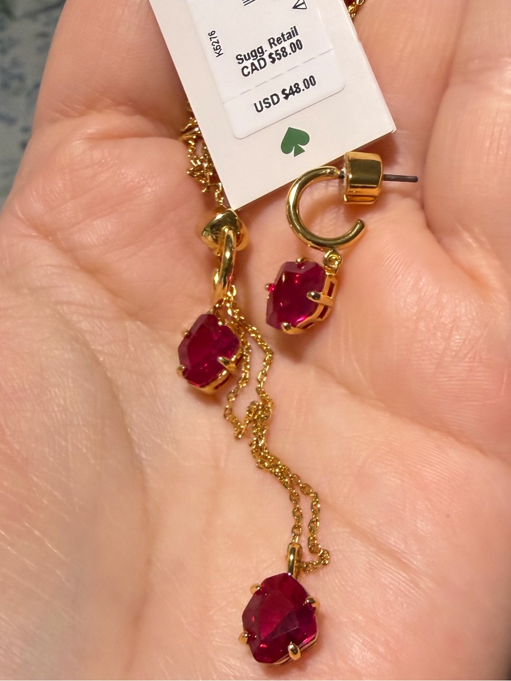 kate spade gold-tone chain necklace and ruby-pink crystal drop earrings - Picture 3 of 3